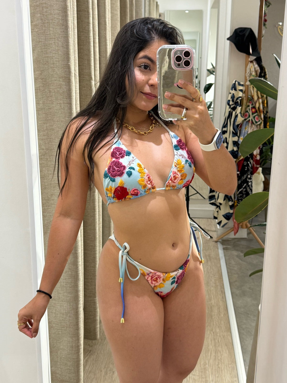 Bikini Bordado Flores Celeste