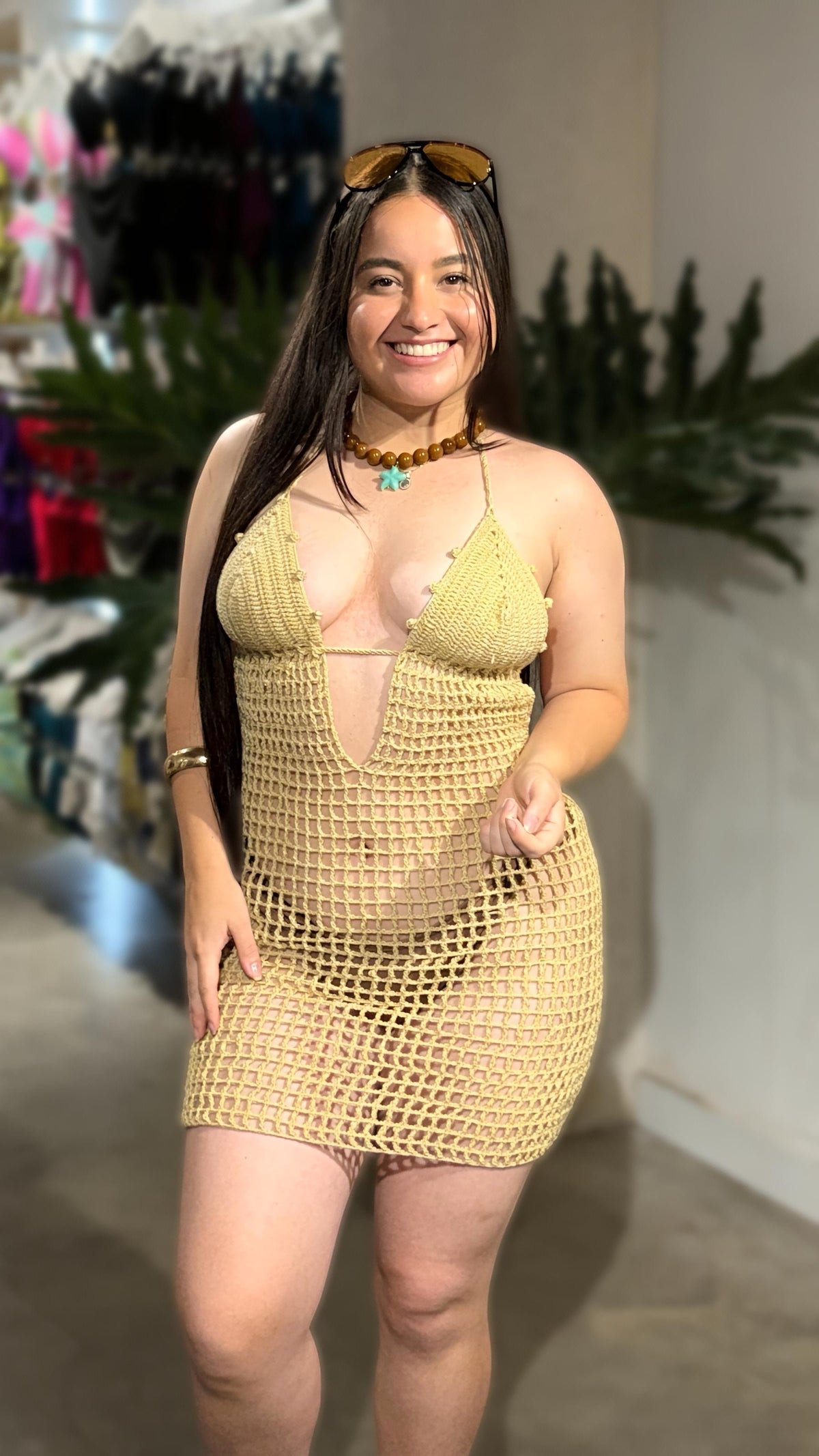 Vestido Tejido Croché Triangular Caqui
