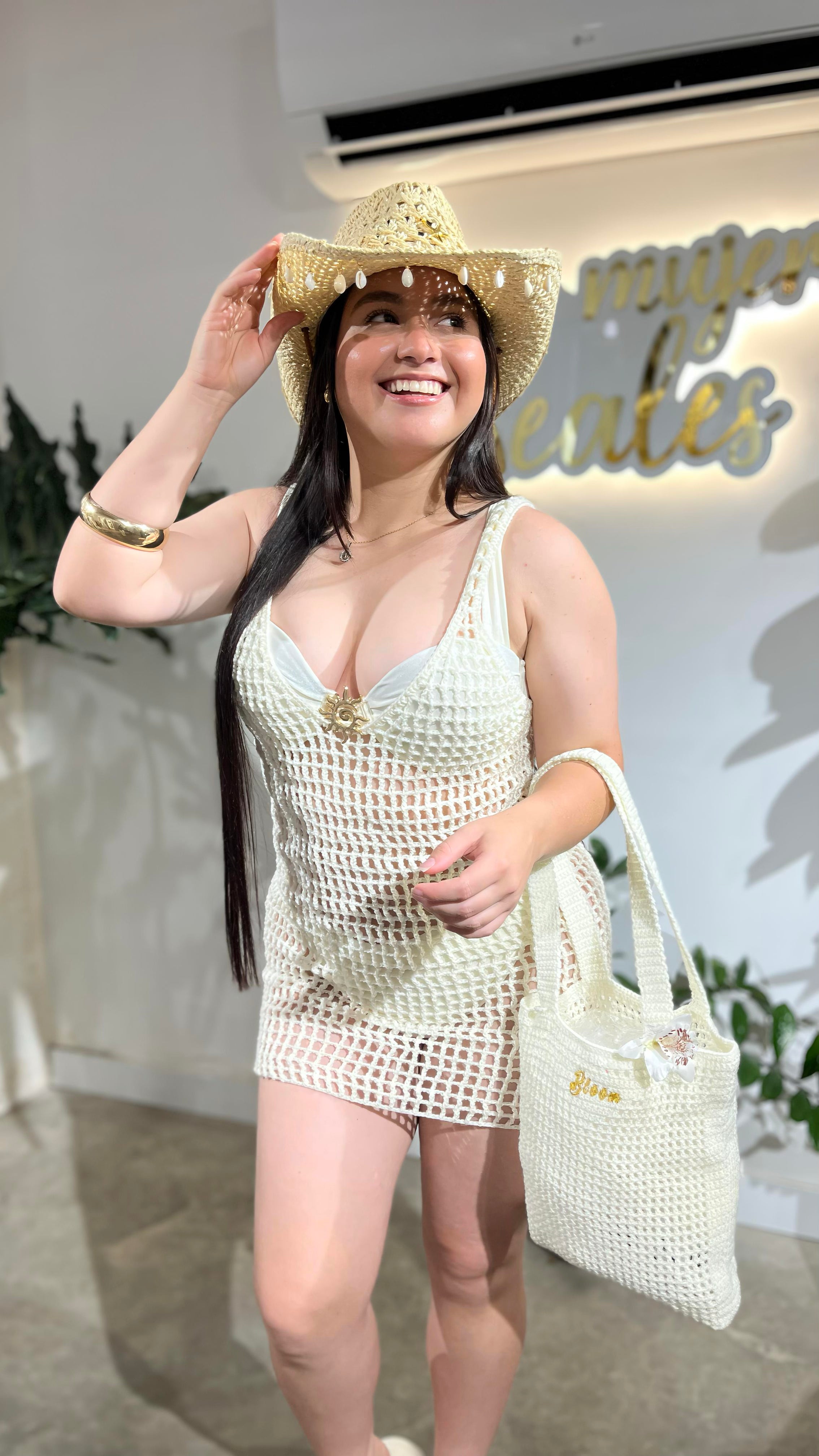 Vestido Tejido Croché Tiras Marfil