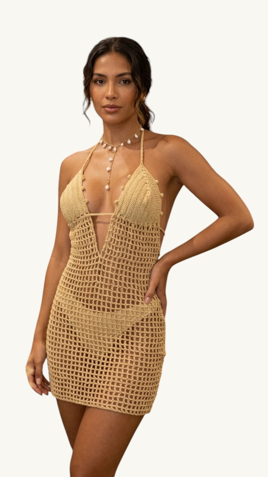 Vestido Tejido Croché Triangular Caqui